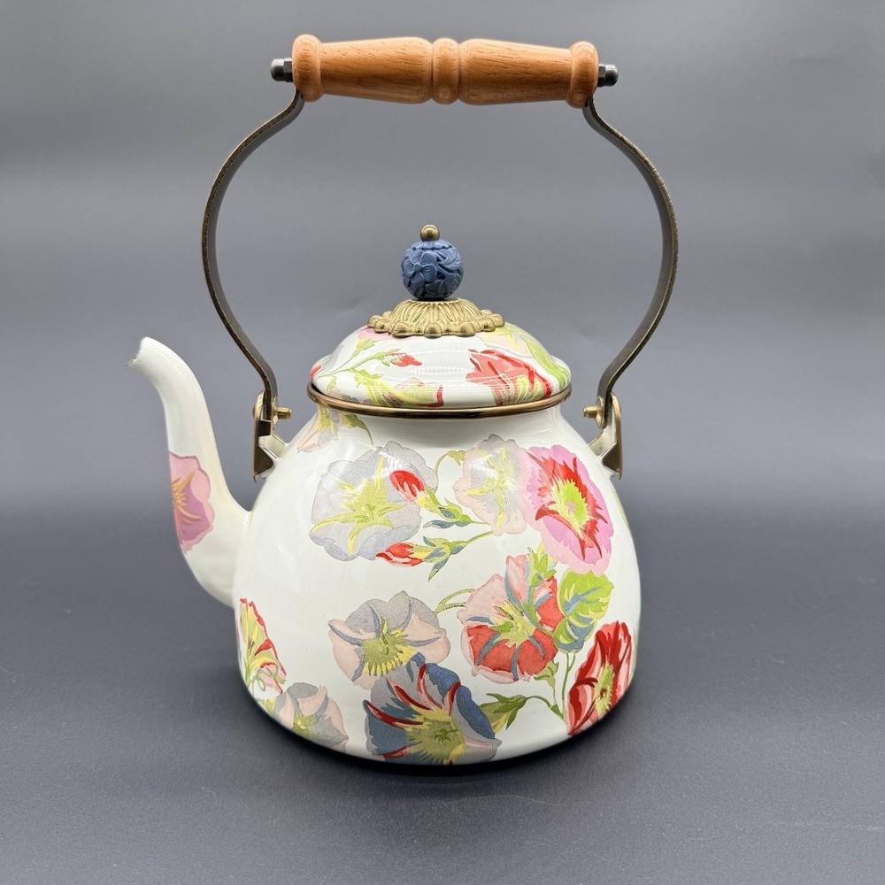 MacKenzie-Childs Morning Glory Enamel 2 Qt Tea Kettle Floral Wood Handle Retired